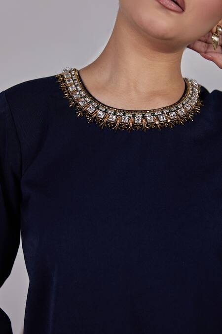 Maenaam_Navy Polyester Beads, Metallic Thread Round Blue Grace Set With Embellishments_at_Aza_Fashions
