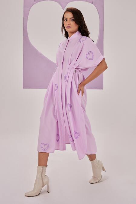 Maenaam_Purple Cotton Beads Mandarin Collar Aree Pleated Midi Dress_Online_at_Aza_Fashions