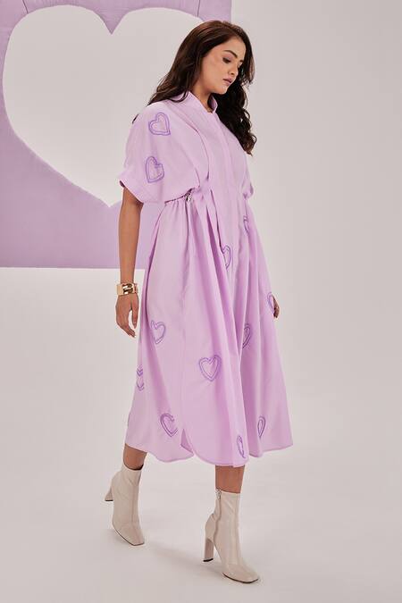 Shop_Maenaam_Purple Cotton Beads Mandarin Collar Aree Pleated Midi Dress_Online_at_Aza_Fashions