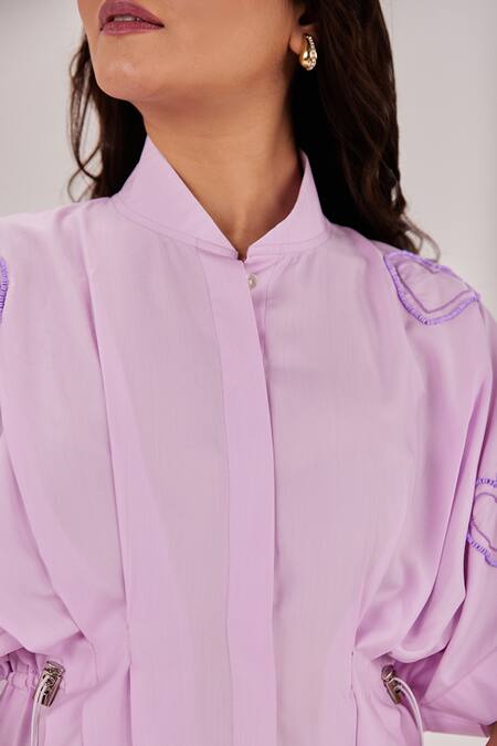 Maenaam_Purple Cotton Beads Mandarin Collar Aree Pleated Midi Dress_at_Aza_Fashions