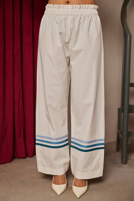 Maenaam_White Cotton Beads Collared Square Kaftan Shirt And High Waist Pants Set_Online_at_Aza_Fashions