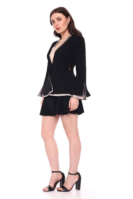 Maenaam Black Satin, Polyester Contrast Panel Blazer And Mini Skirt Set Online at Aza Fashions Maenaam_Black Satin, Polyester Contrast Panel Blazer And Mini Skirt Set_Online_at_Aza_Fashions
