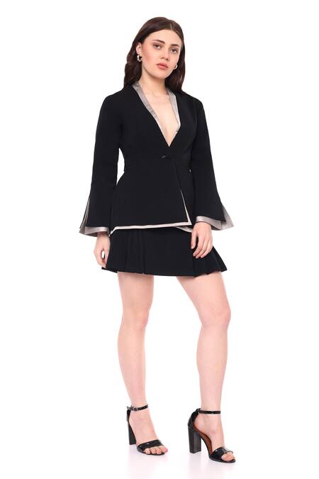 Buy Maenaam Black Satin, Polyester Contrast Panel Blazer And Mini Skirt Set Online at Aza Fashions Buy_Maenaam_Black Satin, Polyester Contrast Panel Blazer And Mini Skirt Set_Online_at_Aza_Fashions