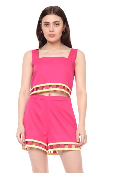Maenaam Pink Cotton Square Neck Aspen Set With Lace Hem Online at Aza Fashions Maenaam_Pink Cotton Square Neck Aspen Set With Lace Hem_Online_at_Aza_Fashions