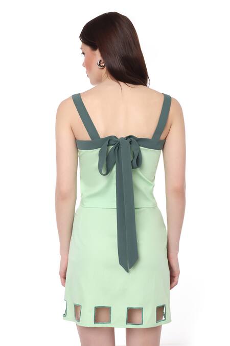 Shop Maenaam Green Cotton Square Neck Crop Top And Mini Skirt Set at Aza Fashions Shop_Maenaam_Green Cotton Square Neck Crop Top And Mini Skirt Set_at_Aza_Fashions