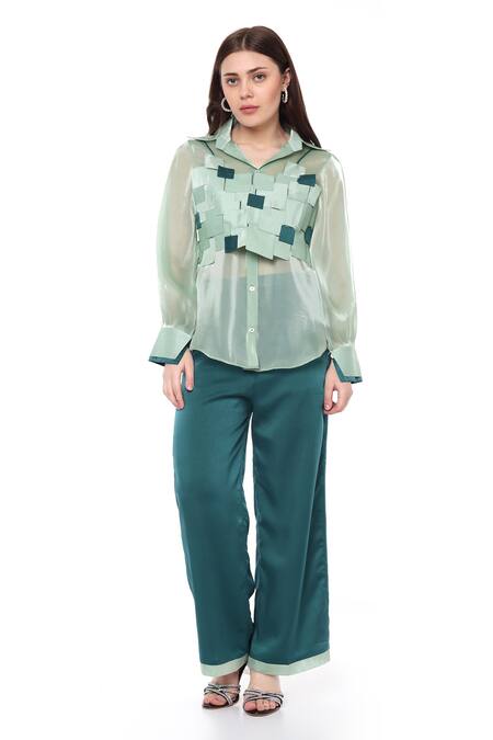 Maenaam_Green Organza, Satin Square Neck, Collared Sage Faye Bodice Top And Pants Set_Online_at_Aza_Fashions