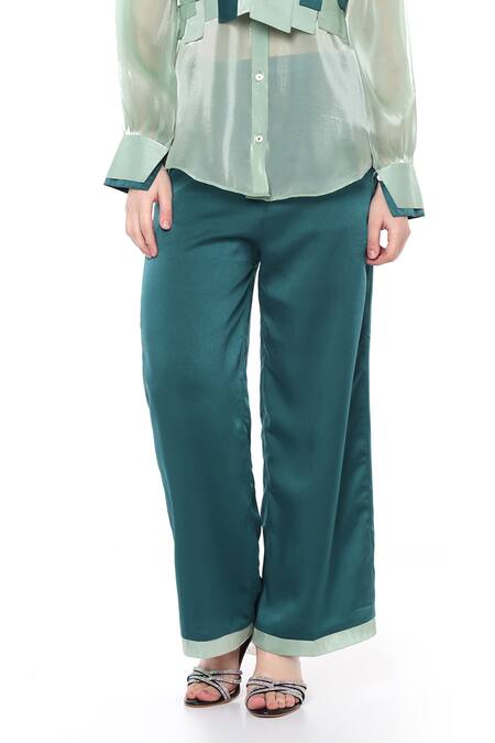 Buy_Maenaam_Green Organza, Satin Square Neck, Collared Sage Faye Bodice Top And Pants Set_Online_at_Aza_Fashions