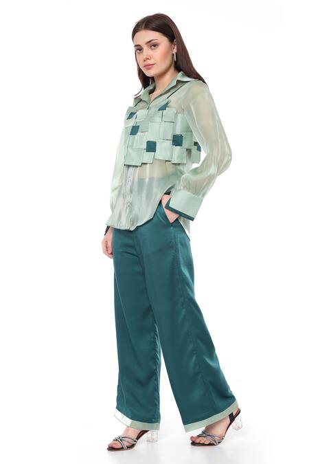 Shop_Maenaam_Green Organza, Satin Square Neck, Collared Sage Faye Bodice Top And Pants Set_Online_at_Aza_Fashions