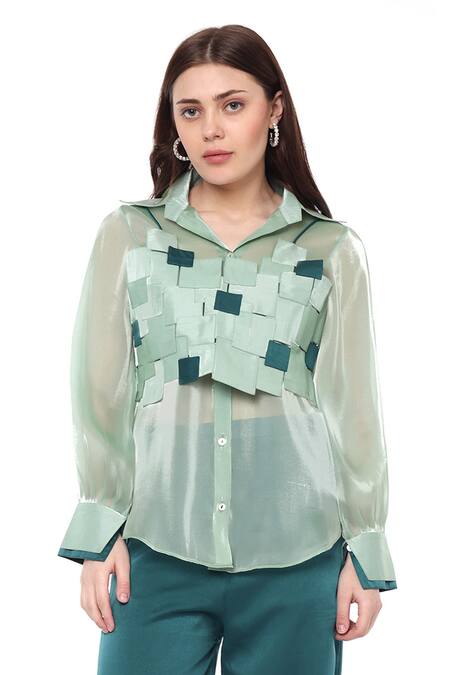 Maenaam_Green Organza, Satin Square Neck, Collared Sage Faye Bodice Top And Pants Set_at_Aza_Fashions