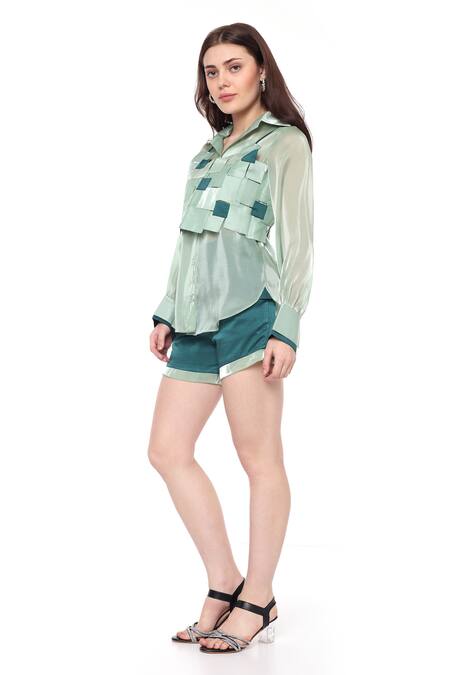 Maenaam_Green Organza, Satin Collared Sage Faye Bodice Top And Shorts Set_Online_at_Aza_Fashions