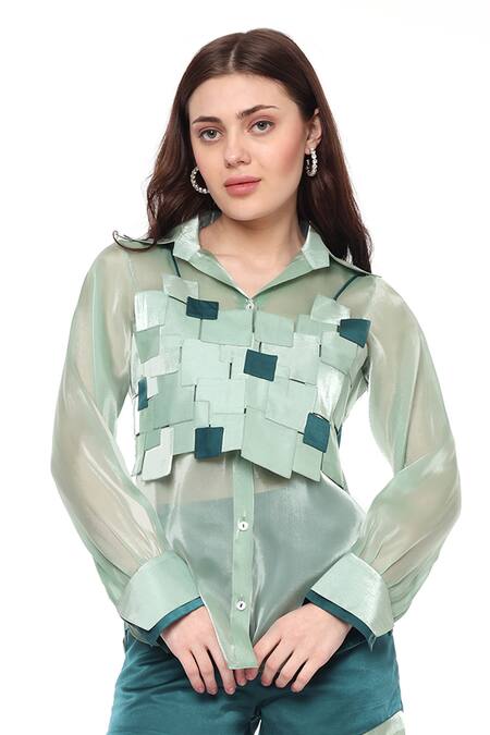 Shop_Maenaam_Green Organza, Satin Collared Sage Faye Bodice Top And Shorts Set_Online_at_Aza_Fashions