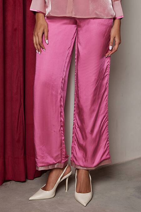Maenaam_Pink Organza, Satin Collared Rose Faye Bodice Top And Pants Set_Online_at_Aza_Fashions
