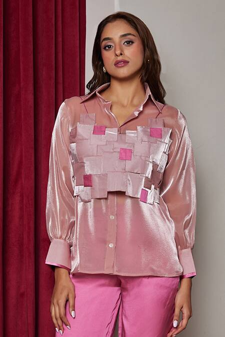 Buy_Maenaam_Pink Organza, Satin Collared Rose Faye Bodice Top And Pants Set_Online_at_Aza_Fashions