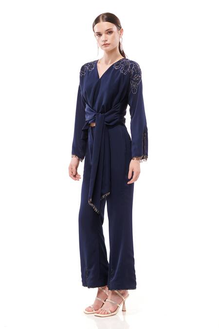 Maenaam_Blue Polyester Embroidery, Beads V-neck Hand Top And Pants Set_Online_at_Aza_Fashions