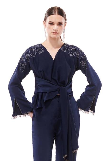Buy_Maenaam_Blue Polyester Embroidery, Beads V-neck Hand Top And Pants Set_Online_at_Aza_Fashions