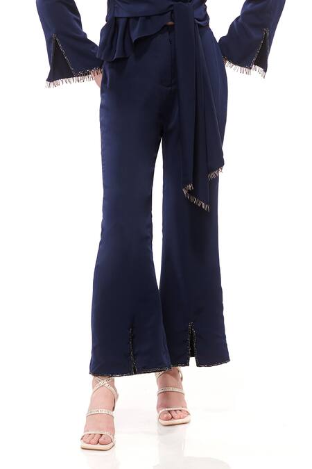 Shop_Maenaam_Blue Polyester Embroidery, Beads V-neck Hand Top And Pants Set_Online_at_Aza_Fashions