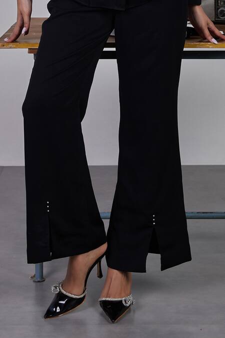 Buy_Maenaam_Black Polyester Embroidery Collared Tailored Shirt And Pant Set_Online_at_Aza_Fashions