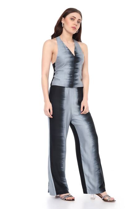 Shop_Maenaam_Gray Modal Halter Neck Crystalia Top And Straight Pants Set_Online_at_Aza_Fashions