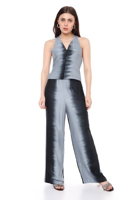 Maenaam_Gray Modal Halter Neck Crystalia Top And Straight Pants Set_at_Aza_Fashions