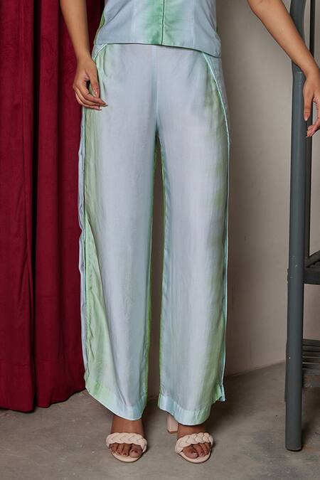 Buy_Maenaam_Green Modal Halter Neck Glacia Top And Straight Pants Set_Online_at_Aza_Fashions