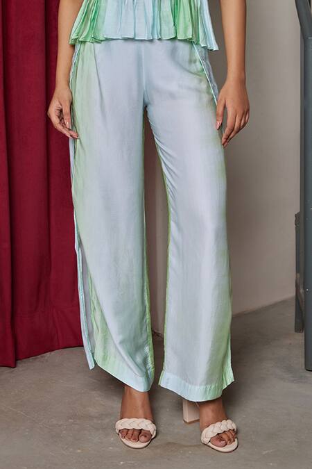 Maenaam_Green Modal Round Neck Glacia Smocking Top And Overlap Pants Set_Online_at_Aza_Fashions