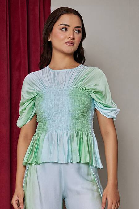 Buy_Maenaam_Green Modal Round Neck Glacia Smocking Top And Overlap Pants Set_Online_at_Aza_Fashions