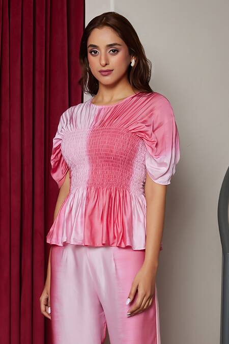 Buy_Maenaam_Pink Modal Round Neck Anya Smocking Top And Straight Pants Set_Online_at_Aza_Fashions