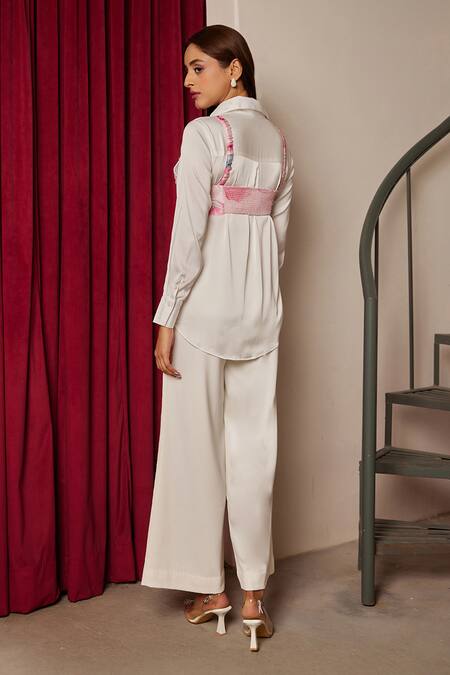 Shop Maenaam Pink Satin, Polyester Beads Scoop Neck, Lavender Printed Bodice And Shirt Set at Aza Fashions Shop_Maenaam_Pink Satin, Polyester Beads Scoop Neck, Lavender Printed Bodice And Shirt Set_at_Aza_Fashions