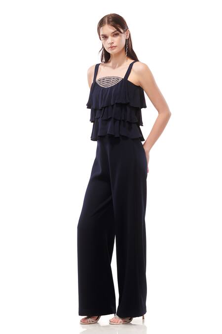 Maenaam_Navy Georgette, Polyester Rhinestones Square Neck Blue Sleeveless Frill Top Set_Online_at_Aza_Fashions