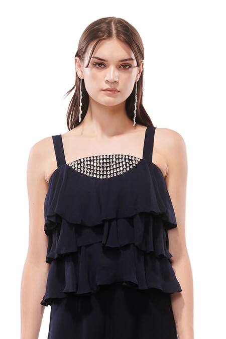 Shop_Maenaam_Navy Georgette, Polyester Rhinestones Square Neck Blue Sleeveless Frill Top Set_Online_at_Aza_Fashions