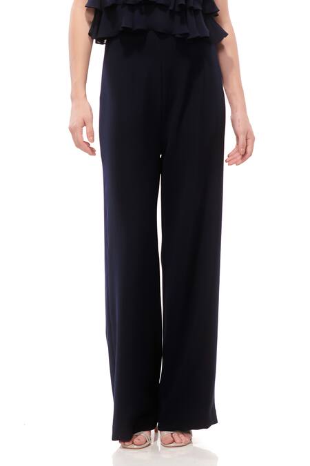 Maenaam_Navy Georgette, Polyester Rhinestones Blue Layered Frill Top And Wide Leg Pants_Online_at_Aza_Fashions