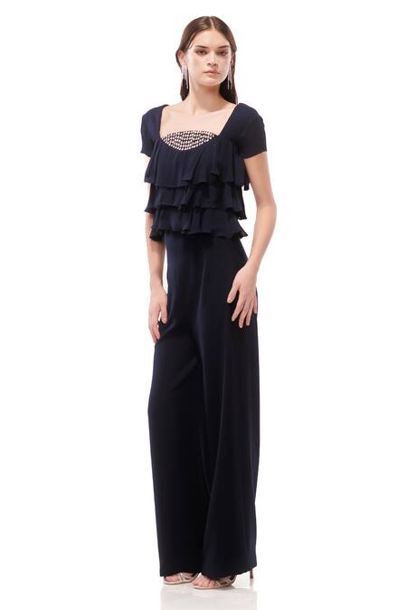 Buy_Maenaam_Navy Georgette, Polyester Rhinestones Blue Layered Frill Top And Wide Leg Pants_Online_at_Aza_Fashions