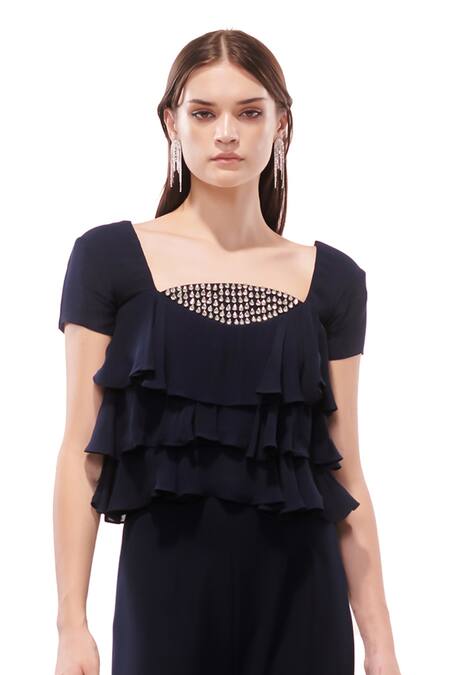 Shop_Maenaam_Navy Georgette, Polyester Rhinestones Blue Layered Frill Top And Wide Leg Pants_Online_at_Aza_Fashions