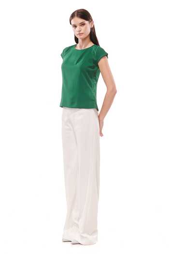 Maenaam_Green Crepe, Polyester Rhinestones Round Cap Sleeve Top And Wide Leg Pants Set_Online_at_Aza_Fashions