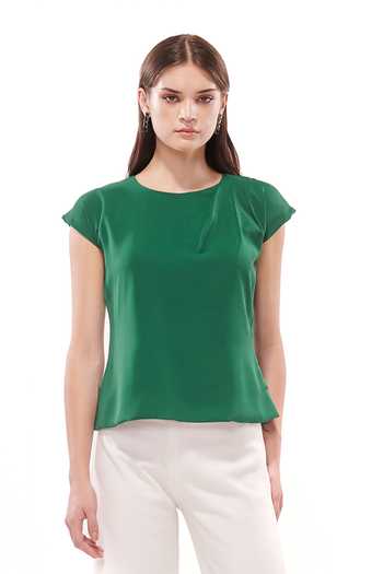 Shop_Maenaam_Green Crepe, Polyester Rhinestones Round Cap Sleeve Top And Wide Leg Pants Set_Online_at_Aza_Fashions