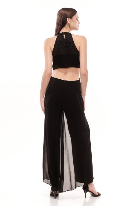 Shop Maenaam Black Polyester Beads, Embroidery V-neck Hand-beaded Cut Out Jumpsuit at Aza Fashions Shop_Maenaam_Black Polyester Beads, Embroidery V-neck Hand-beaded Cut Out Jumpsuit_at_Aza_Fashions