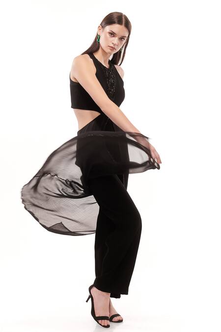 Maenaam Black Polyester Beads, Embroidery V-neck Hand-beaded Cut Out Jumpsuit Online at Aza Fashions Maenaam_Black Polyester Beads, Embroidery V-neck Hand-beaded Cut Out Jumpsuit_Online_at_Aza_Fashions