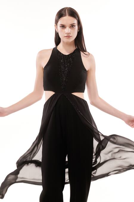 Buy Maenaam Black Polyester Beads, Embroidery V-neck Hand-beaded Cut Out Jumpsuit Online at Aza Fashions Buy_Maenaam_Black Polyester Beads, Embroidery V-neck Hand-beaded Cut Out Jumpsuit_Online_at_Aza_Fashions