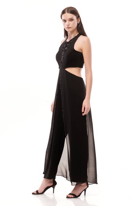 Shop Maenaam Black Polyester Beads, Embroidery V-neck Hand-beaded Cut Out Jumpsuit Online at Aza Fashions Shop_Maenaam_Black Polyester Beads, Embroidery V-neck Hand-beaded Cut Out Jumpsuit_Online_at_Aza_Fashions