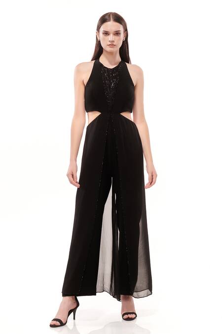Maenaam Black Polyester Beads, Embroidery V-neck Hand-beaded Cut Out Jumpsuit at Aza Fashions Maenaam_Black Polyester Beads, Embroidery V-neck Hand-beaded Cut Out Jumpsuit_at_Aza_Fashions