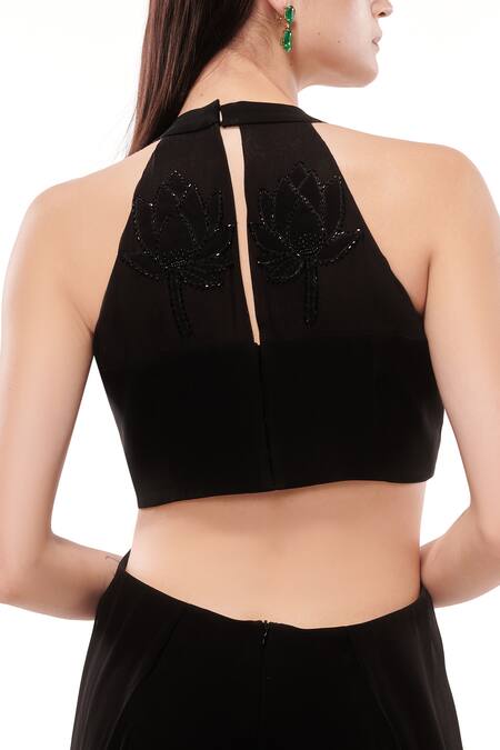 Shop Maenaam Black Polyester Beads, Embroidery V-neck Hand-beaded Cut Out Jumpsuit Shop_Maenaam_Black Polyester Beads, Embroidery V-neck Hand-beaded Cut Out Jumpsuit