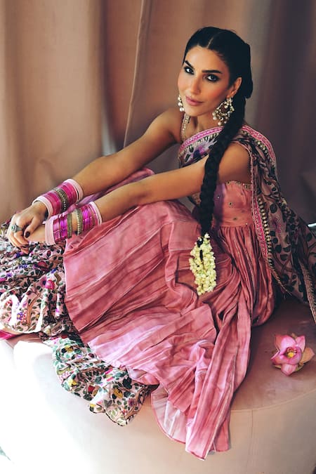 Shop Punit Balana Pink Chiffon Embroidery Square Neck Dusky Anarkali Set Shop_Punit Balana_Pink Chiffon Embroidery Square Neck Dusky Anarkali Set