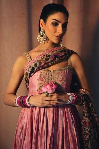 Punit Balana Pink Chiffon Embroidery Square Neck Dusky Anarkali Set at Aza Fashions Punit Balana_Pink Chiffon Embroidery Square Neck Dusky Anarkali Set _at_Aza_Fashions