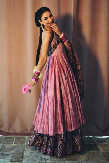 Shop Punit Balana Pink Chiffon Embroidery Square Neck Dusky Anarkali Set Shop_Punit Balana_Pink Chiffon Embroidery Square Neck Dusky Anarkali Set