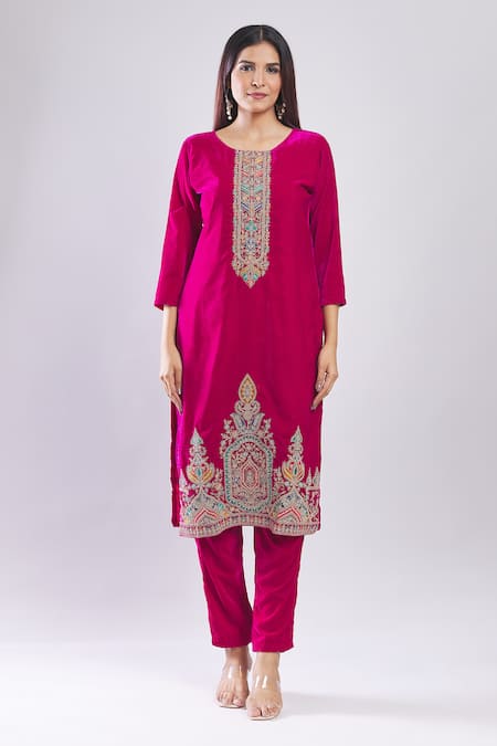 Shop_Samyukta Singhania_Pink Velvet Embroidery Round Neck Heavy Kurta And Dupatta Set _Online_at_Aza_Fashions