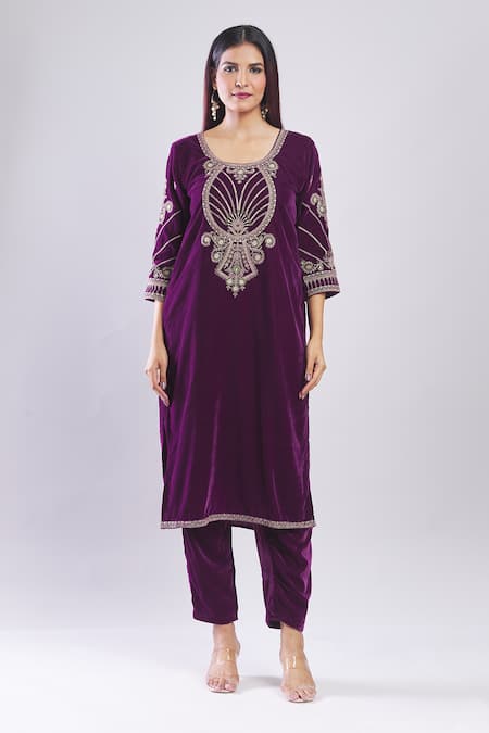 Shop_Samyukta Singhania_Purple Velvet Embroidery Round Neck Heavy Kurta Set _Online_at_Aza_Fashions