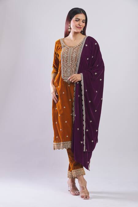 Shop_Samyukta Singhania_Mustard Velvet Embroidery, Sequins Round Neck Heavy Kurta Set With Dupatta _Online_at_Aza_Fashions