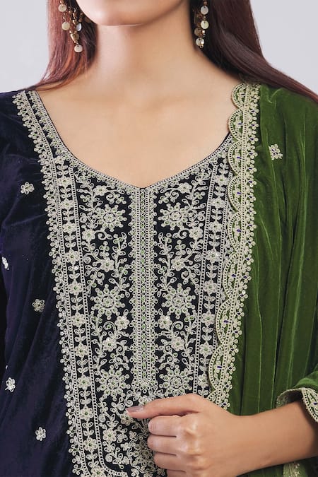 Samyukta Singhania_Navy Velvet Sequins, Embroidery Round Neck Blue Kurta Set With Dupatta _Online_at_Aza_Fashions