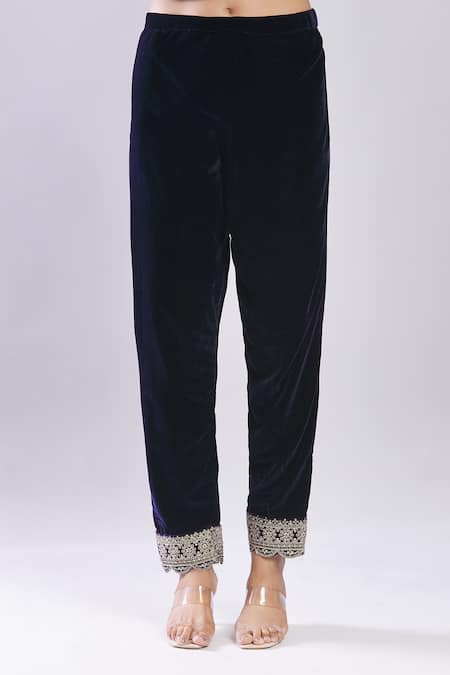 Shop_Samyukta Singhania_Navy Velvet Sequins, Embroidery Round Neck Blue Kurta Set With Dupatta _Online_at_Aza_Fashions