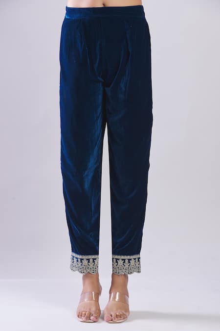 Shop_Samyukta Singhania_Teal Velvet Embroidery Round Neck Heavy Kurta Set _Online_at_Aza_Fashions